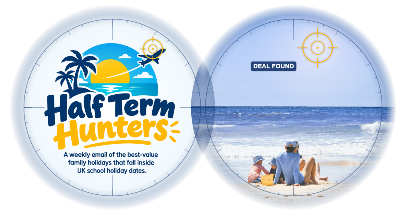 Half Term Hunters logo and a family on a sunny beach, seen through binoculars